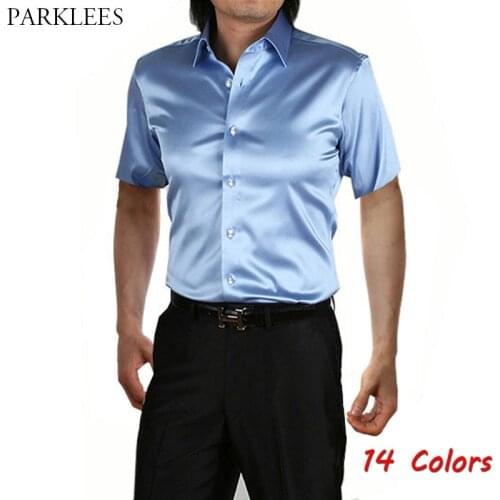 Soft Smooth Emulation Silk Men Shirts 2020 New Casual Slim Fit Short Sleeve Shirts for Men Prom Party Stage Disco Chemise Homme