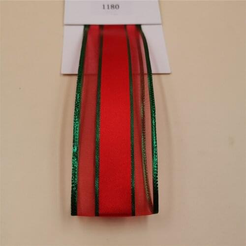 N1180 38MM X 25yards Wired Red Satin Ribbon with green stripes for Christmas Decoration