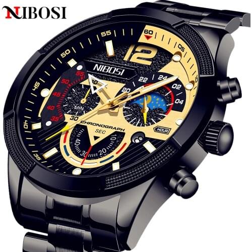 NIBOSI New Casual Sport Mens Watches Stainless Steel Band Wristwatch Big Dial Chronograph Quartz Clock with Luminous Pointers