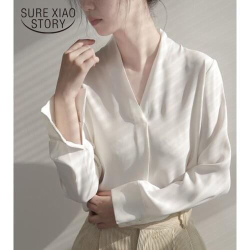 Office Lady Chiffon Shirts Women 2021 Spring Autumn White Blouse Women Long Sleeve V Neck Vintage Tops Female Clothing 12609
