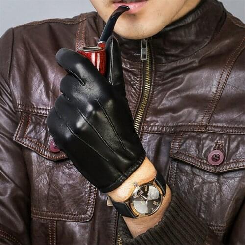 Genuine Leather Gloves Male Short Style Man Sheepskin Gloves Winter Warm Plus Velvet Thicken Driving Classic Black DQ1912