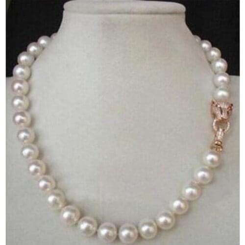 Wonderful! 18" 10MM WHITE SOUTH SEA SHELL PEARL NECKLACE & Leopard clasp