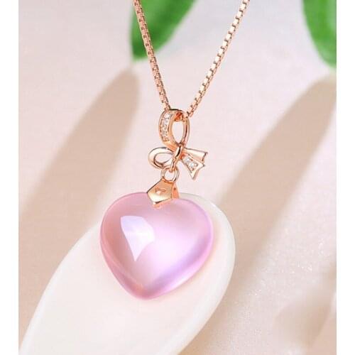 Romantic Heart New Fashion Pendants 14K Rose Gold Jewelry Necklaces for Women Pink Crystal Necklace for Wedding Engagement Party