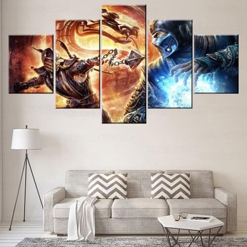 Modern Canvas Print Art 5 Pieces Game Mortal Kombat Scorpion And Sub-Zero Poster Modern Home Decor Living Room Or Bedroom Wall