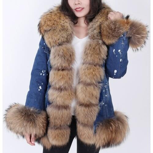 MaoMaoKong2020 super short denim fox fur collar rabbit fur lining removable fashionable warm jacket casual jacket