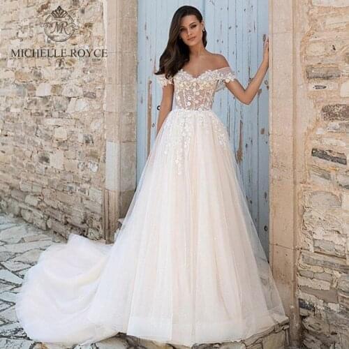Michelle Royce A-Ling Wedding Dresses 2020 Sweetheart Off the Shoulder Cut-Out Appliques Lace up Chapel Train Vestido De Noiva