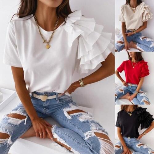 Comfortable Casual Ruffle Sleeve Asymmetric T-shirt Blouse Short Sleeve for School