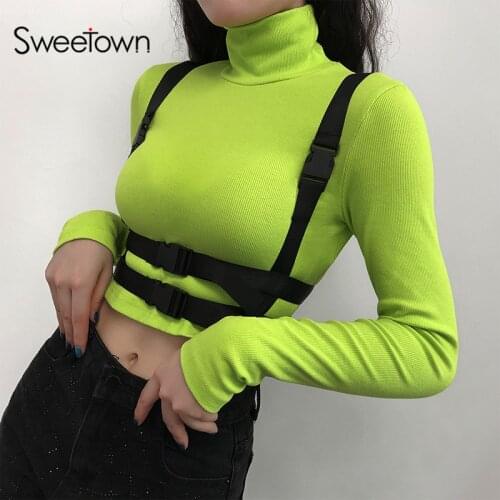 Sweetown Neon Color Autumn Tshirt Patchwork Buckle Safari Style T Shirts Women Knitted Turtleneck Long Sleeve Crop Top Tee Shirt
