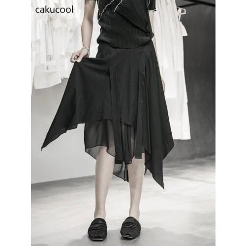 Cakucool High waist womens skirt casual retro solid color mid-length skirt ladies fashion simple irregular chiffon skirt