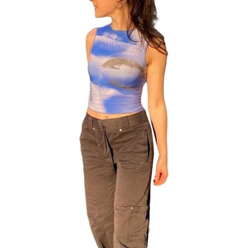 Womens Crew Neck Tank Tops, Summer Sleeveless Abstract Print Slim Fit Crop Tops