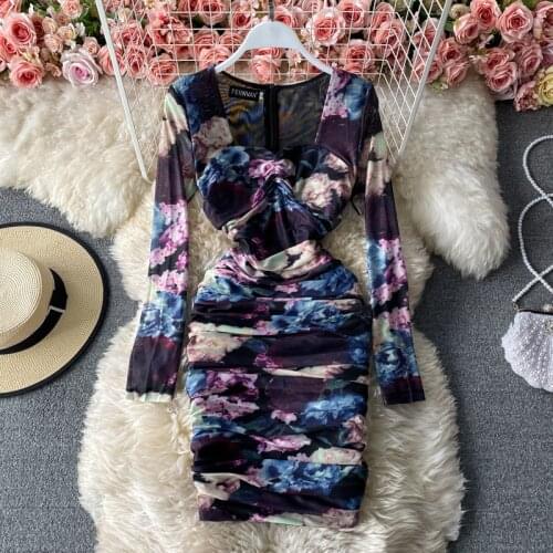 Women 2021 Spring Summer Chic Fashion Purple Floral Print Draped Mesh Dress Sexy Club Long Sleeve Stretch Bodycon Mini Dresses