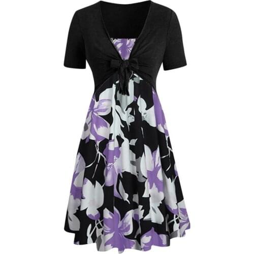 Summer Dress Fake Two Piece Women Casual Dress Short Sleeve A-line Flower Print Front Bow Knot Midi Dress Beach Streetwear