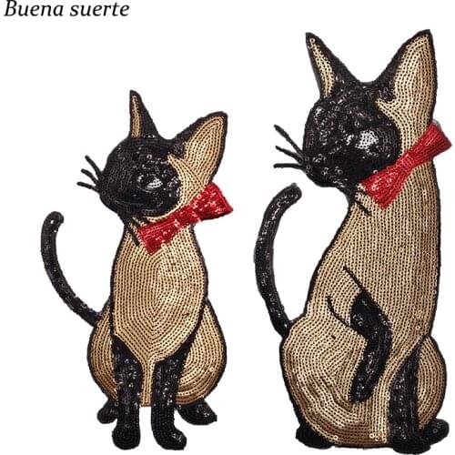2pc/set Big Size Bow Cute Siamese Cat Embroidered Patch Sequin Animal Iron on Patches Clothes Stickers Sequined DIY Badge Sewing