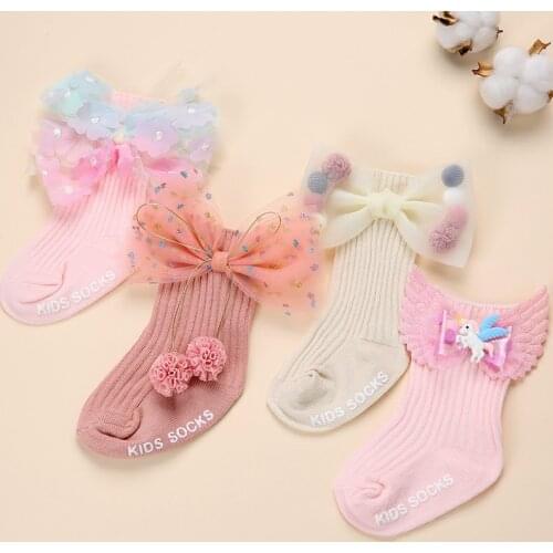 Girls Baby Socks Bowknot Lace Baby Socks Infant Cotton Boneless Stitched Newborn Socks Baby Anti-slip Socks Child Accessories