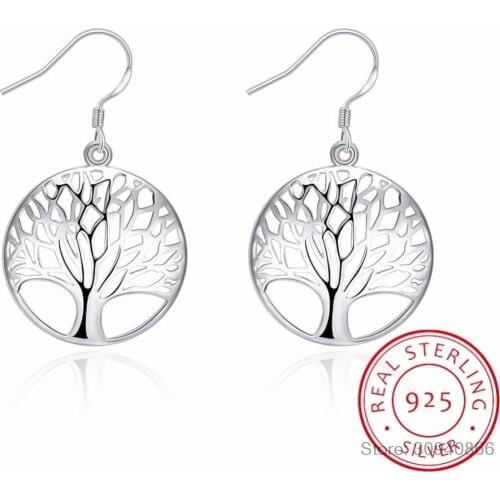 Tree of Life 925 sterling silver Drop Earrings Women Hollow Out Tree Pattern Round Earring moda mujer Jewelry 2019 Pendientes