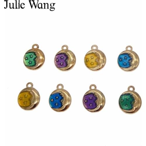 Julie Wang 8PCS Mix 4 Colors Alloy Gold Base Enamel Moon Star Charm Necklace Pendant Earrings DIY Jewelry Making Accessory