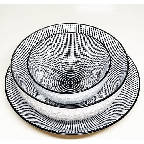 Ceramic Plate Bowls Set 3 Pieces Combo Deep Dinner Dish Embossed Rice Noodle Soup Bowl Underglaze Porcelain Tableware CZY210816