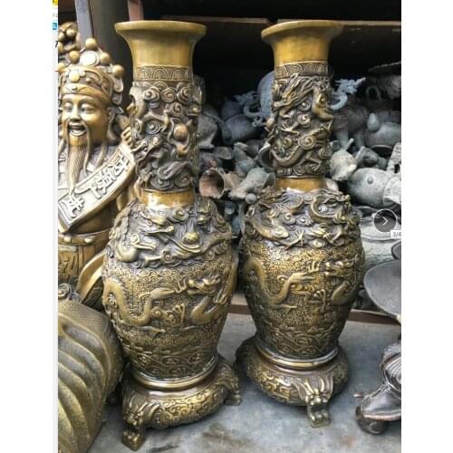 Chinese Classic Bronze group Dragon Flaming Pearl Royal Vase Pair 22 inch