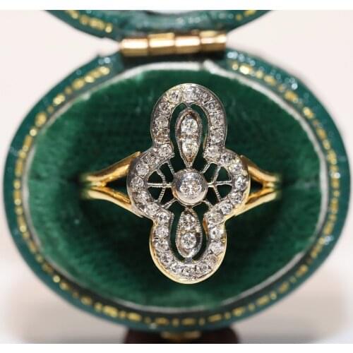 Perfect Vintage Art Deco Style 14k Gold Natural Diamond Decorated Navette Style Ring
