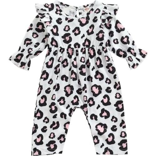 Infant Baby Girls Ruffle Romper, Cute Leopard Print Long Sleeve Crew Neck Jumpsuit