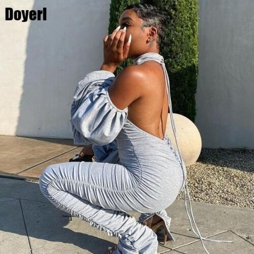 Backless Sexy Jumpsuits for Women 2020 Puff Sleeve Party Outfits Club Rompers Womens Jumpsuit Elegant Ruched Bodycon Jumpsuit