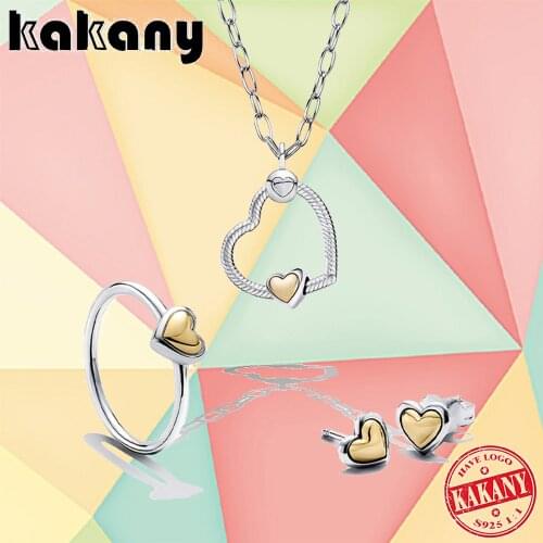 2021 New Mothers Day Collection 925 Sterling Silver Golden Dome Heart Necklace Set, Ring, Stud Earrings, Fashion Diy Jewelry