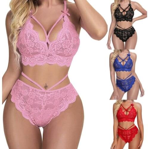 2Pcs Women Lingerie Set Crochet Sheer Push-Up Bra Middle Waist Strappy Panty Suit for Girlfriend Wife 4 Colors