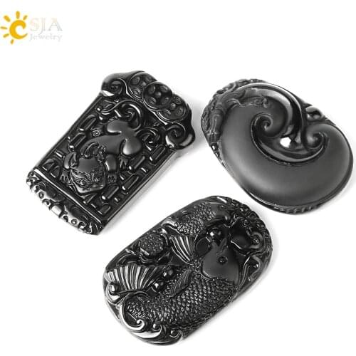 CSJA Natural Obsidian Black Pendant for Men Round Gem Stone Raw Handwork Carved Buddha Lucky Blessing Chakra Amulet Jewelry E618