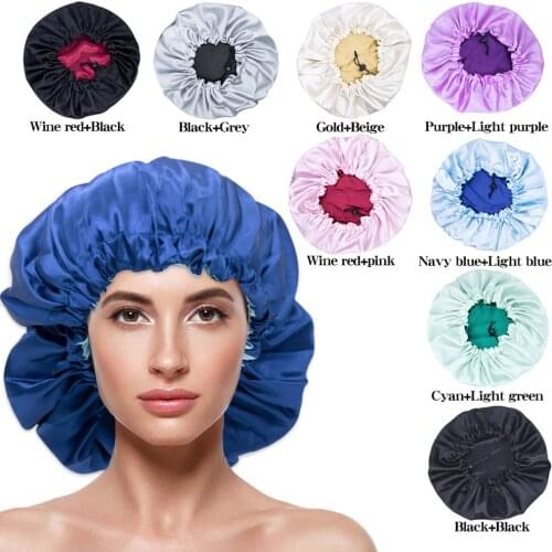 Fashion Reversible Satin Bonnet Double Layer Adjustable Size Sleep Night Cap Head Cover Bonnet Hat For Curly Springy Hair Black