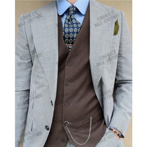 2021 Black White Plaid Brown Vest Men 's Slim Fit Business Suit For Men 3 Pieces Blazers Tuxedos Suits Groom Men Wedding Suits