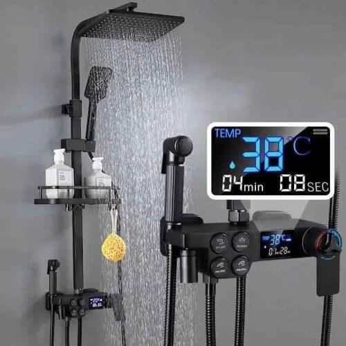 Danga Black Display Thermostatic Shower Faucet Set Rainfall Bathtub Tap With Bathroom Shelf Water Flow Produces Electricity