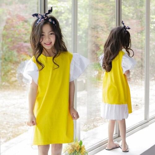 2021 New Ruffles Patchwork Little Big Girl Dresses Cotton Summer Yellow Kids Dresses Teenager Children T Shirts Dress Clothes