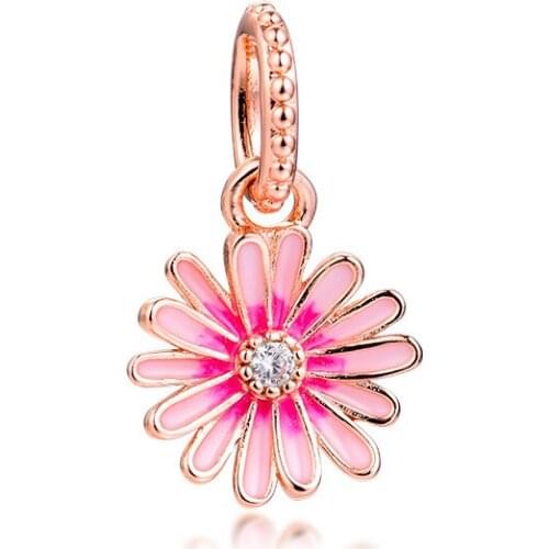 Pink Daisy Flower Dangle Charm Original 925 Silver Jewelry Fits Snake Chian Bracelets For Woman DIY Beads For Jewelry Making