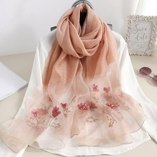 Summer Light Thin silk wool Scarf Female Long Shawl Women Sunscreen bandana Floral Embroidery Mori Girl Cute scarves soft stoles
