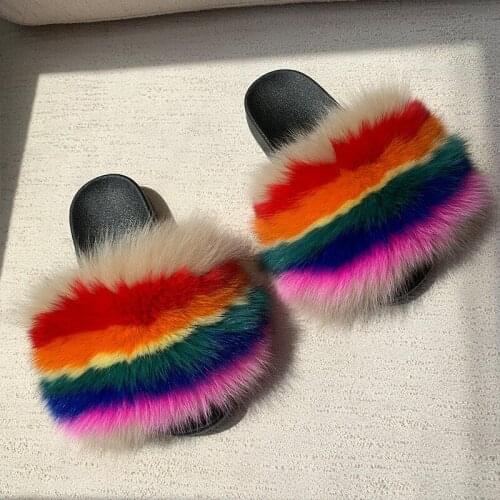 Womens Fluffy Colorful Fur Slippers Female Furry Shoes Girls Plush Slides Real Fox Fur Sandals Ladies Fashion Flip Flops 35-45