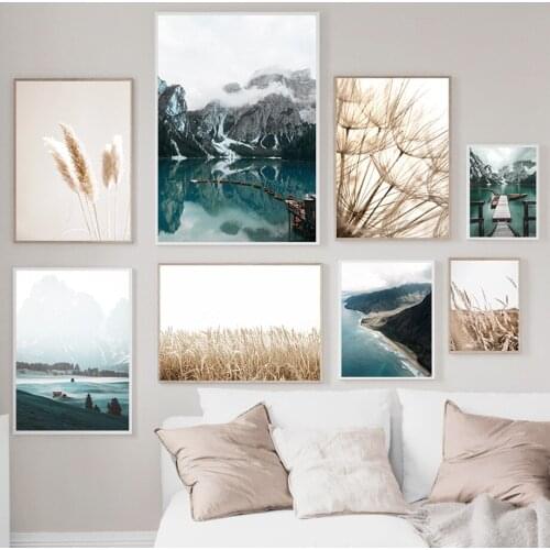 Misty Mountain Lake Nature Landscape Poster Dandelion Reed Bunny Tail Grass Wall Art Canvas Painting Home Wall Decor Picture
