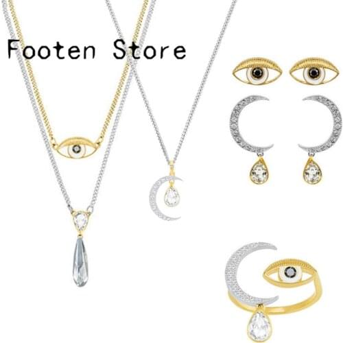 SWA Fashion Jewelry Charming Girl Moon Tear Drop Crystal Crescent Eye Series Necklace Earring Ring Set Female Romantic Gift