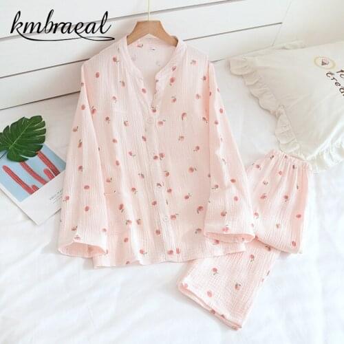 Ladies Spring and Autumn V-neck Pajamas Japanese New Style 100% Cotton Long-sleeved Home Service Thin Suit Two Piece Set Summe