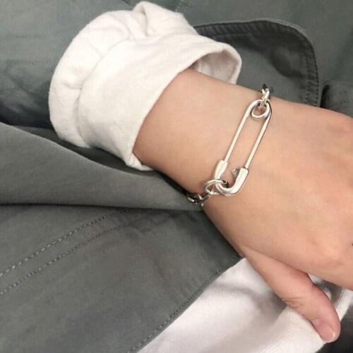 2021 New Silver Color Thick Chain Bracelets for Women New Fashion Hip Hop Vintage Creative Hollow Pin Design Party Jewelry