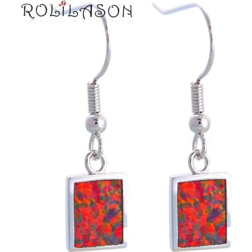 ROLILASON Trendy Rectangle Design Promotion Brown Fire Opal Silver Stamped Dangle Earrings Opal Fashion Jewelry for Women OE601