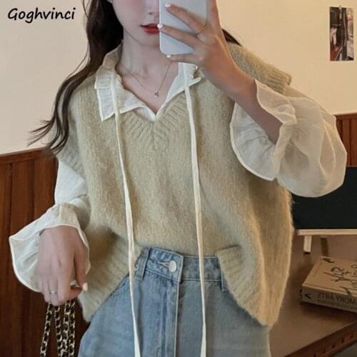Sweater Vest Women V-neck Loose Korean Style Sleeveless Sweaters Womens Chic Elegant All-match Ins Stylish Gentle Jumpers Casual
