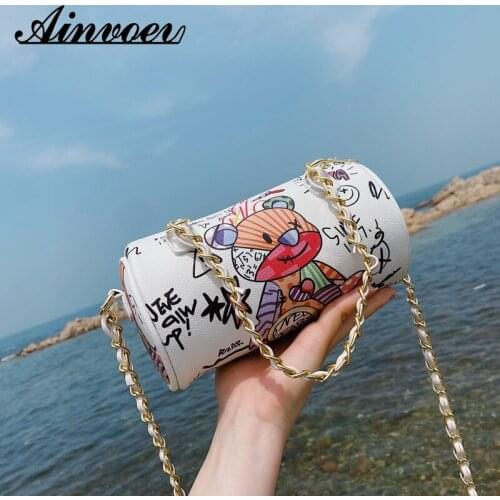 Ainvoev Korean Fashion Graffiti Ins Shoulder Messenger Portable Cylinder Chain Mobile Phone Bags Simple Luxury Designer Handbags