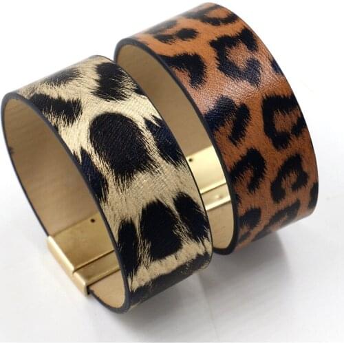 B2302 ZWPON PU Leather Leopard Cuff Bracelets Magnet Wide Animal Print Cheetah Magnetic Bangles Punk Jewelry Wholesale