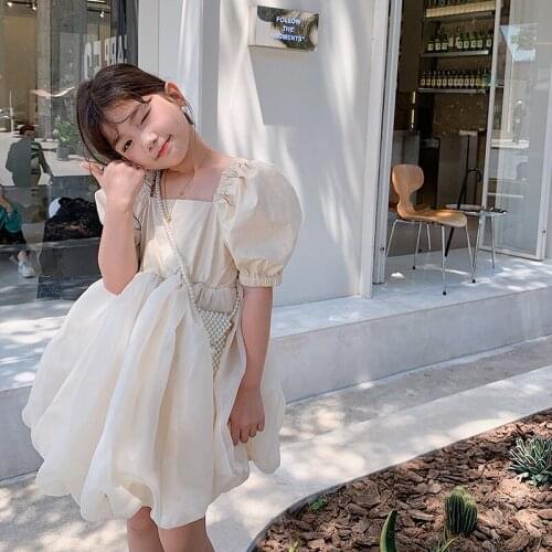 Children Clothing Girls Dress Summer Kids Square Collar Puff Sleeve Princess Gauze Birthday Christmas Dress