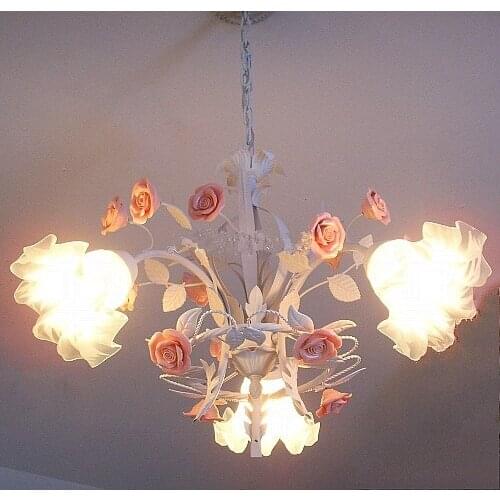 European-style garden living room Romantic Restaurants white wrought iron pink ceramic flowers glass lampshade pendant Lamp c182