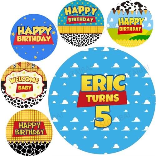 Blue Sky Clouds Happy Birthday Round Backdrop Cover Cartoon Child Baby Shower Customize Vinyl Photo Background Circle Banner