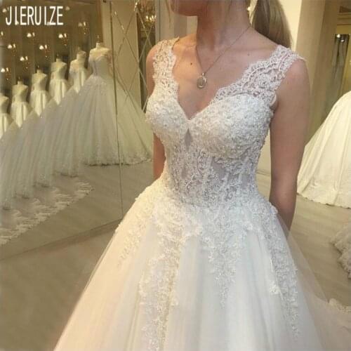 JIERUIZE Elegant Wedding Dresses V Neck Lace Up Back White Appliques Wedding Gowns Illusion Corset Bride Dress vestido de noiva