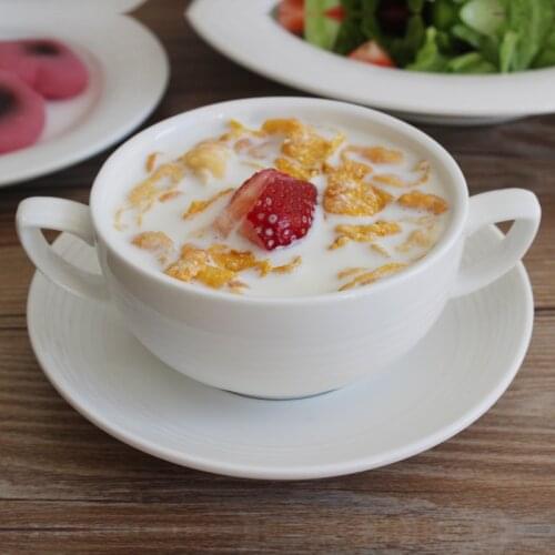 Screw-thread Double Handles Ceramics Serving Bowl Porcelain Drinking Cup and Saucer Tableware for Dessert, Soup and Oatmeal