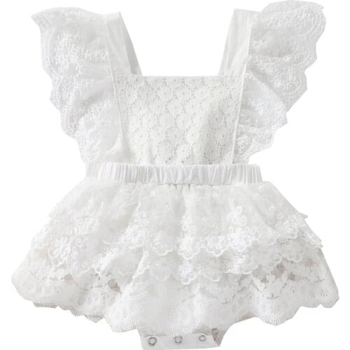 Toddler Summer Rompers Lace Square Neck Ruffled-Sleeve Backless Jumpsuit Layered Skirt for Baby Girls 0-24 Months