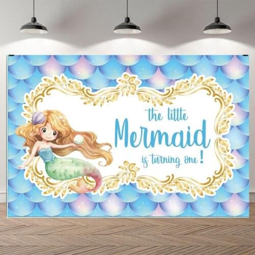 My Little Mermaid Girl 1st Birthday Backdrops For Table Decor Blue Fish Scales Beauty Princess Customize Party Photo Backgrounds